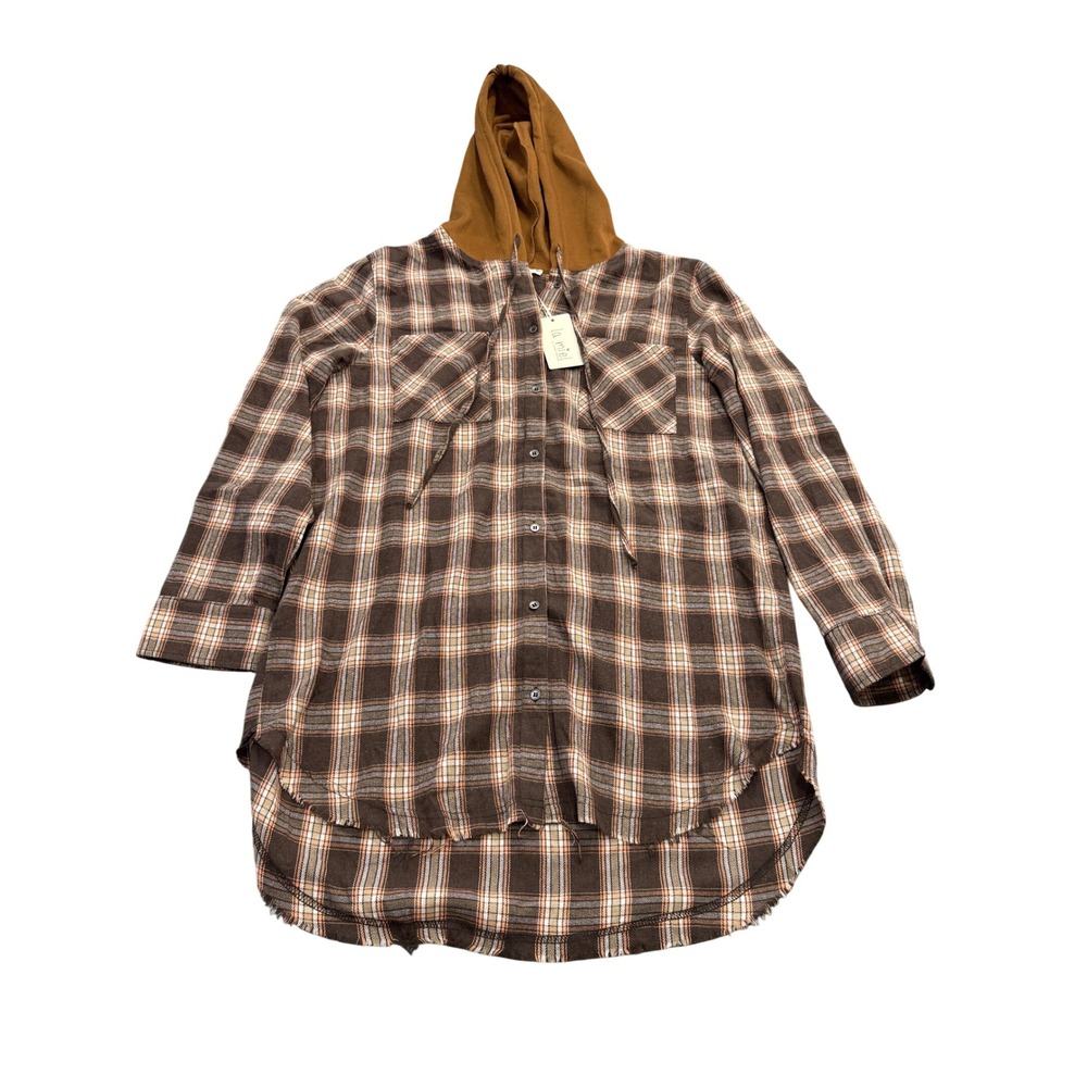 La Miel Brown Plaid Hooded Button Down Shirt Women Small High Low Raw Hem NEW